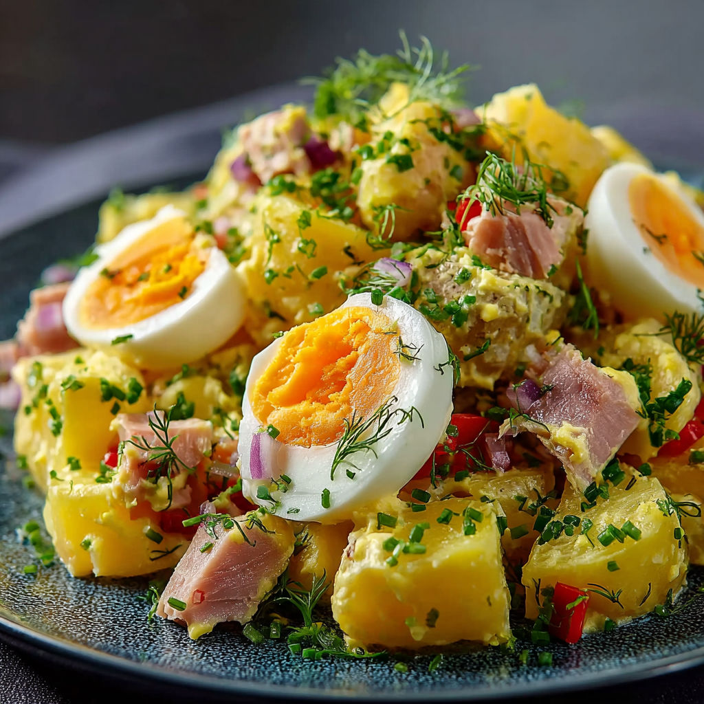 Une salade de poulet et oeufs d'oie, avec des herbes et des légumes, est servie sur un plateau.