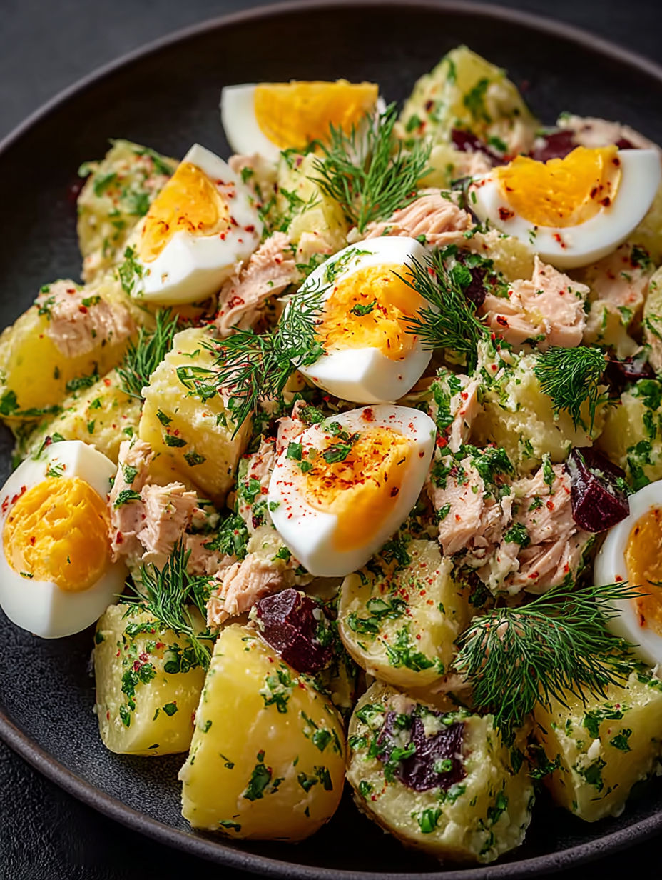 Une salade de pommes de terre et de poulet avec des oeufs entiers et des herbes.