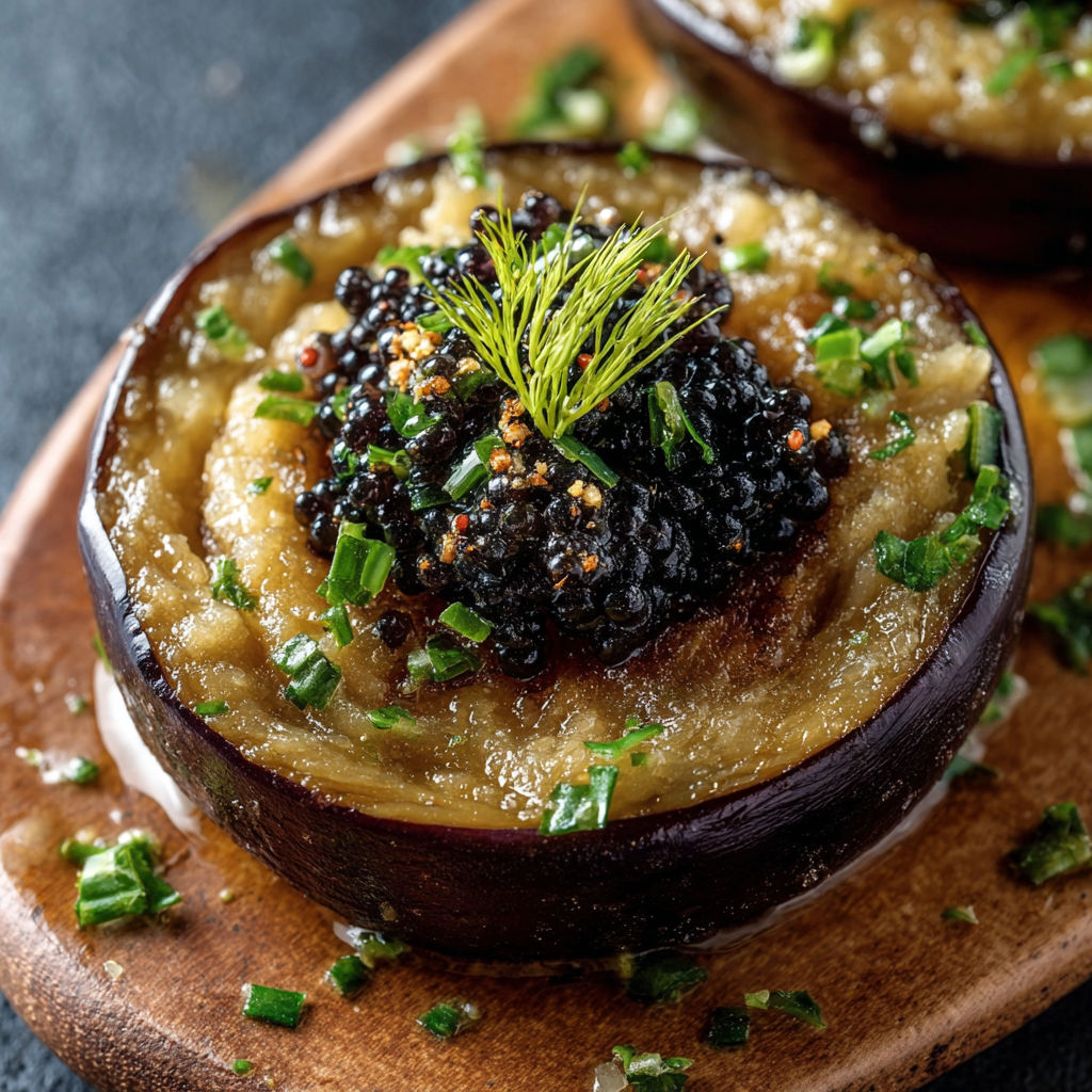 Une assiette de caviar d'aubergine au four, avec des herbes fraîches et des épices, est servie sur un plateau.