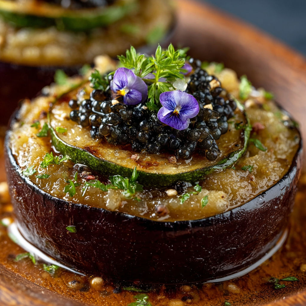 Une recette de cuisson de courgette avec des noix de cajou et des petites fleurs violettes.