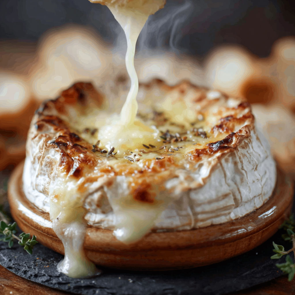 Une tasse de fondue de camembert, avec du fromage fondu qui coule et une pâte brûlée qui enveloppe le dessert.
