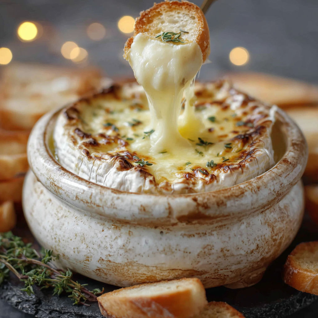 Une tarte au fromage chaude avec des tranches de pain grillé et des herbes fraîches.
