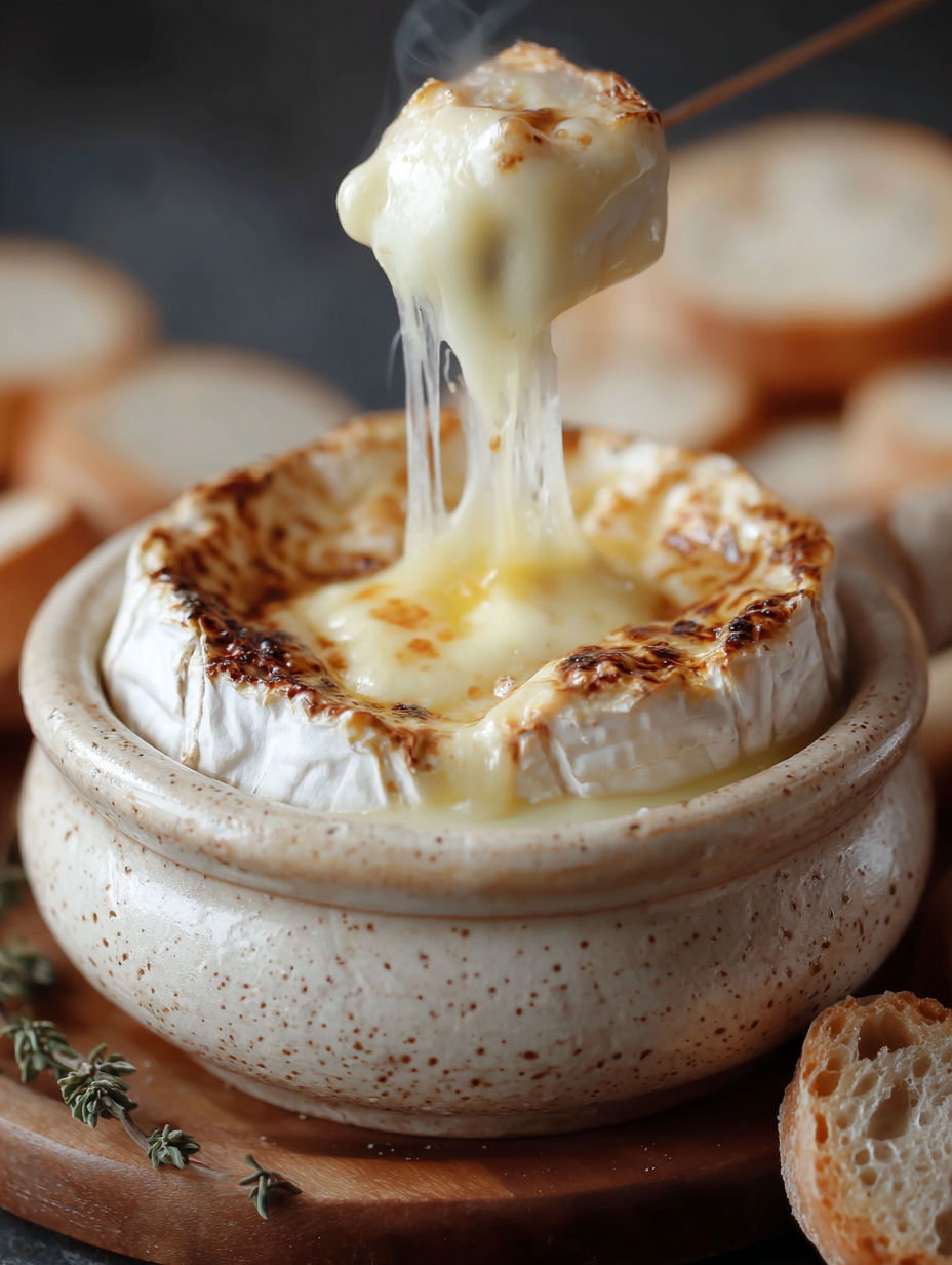 Une tarte au fromage chaude et sucrée, avec une pâte brûlée et des tranches de pain grillé, est servie dans un bol en terre.