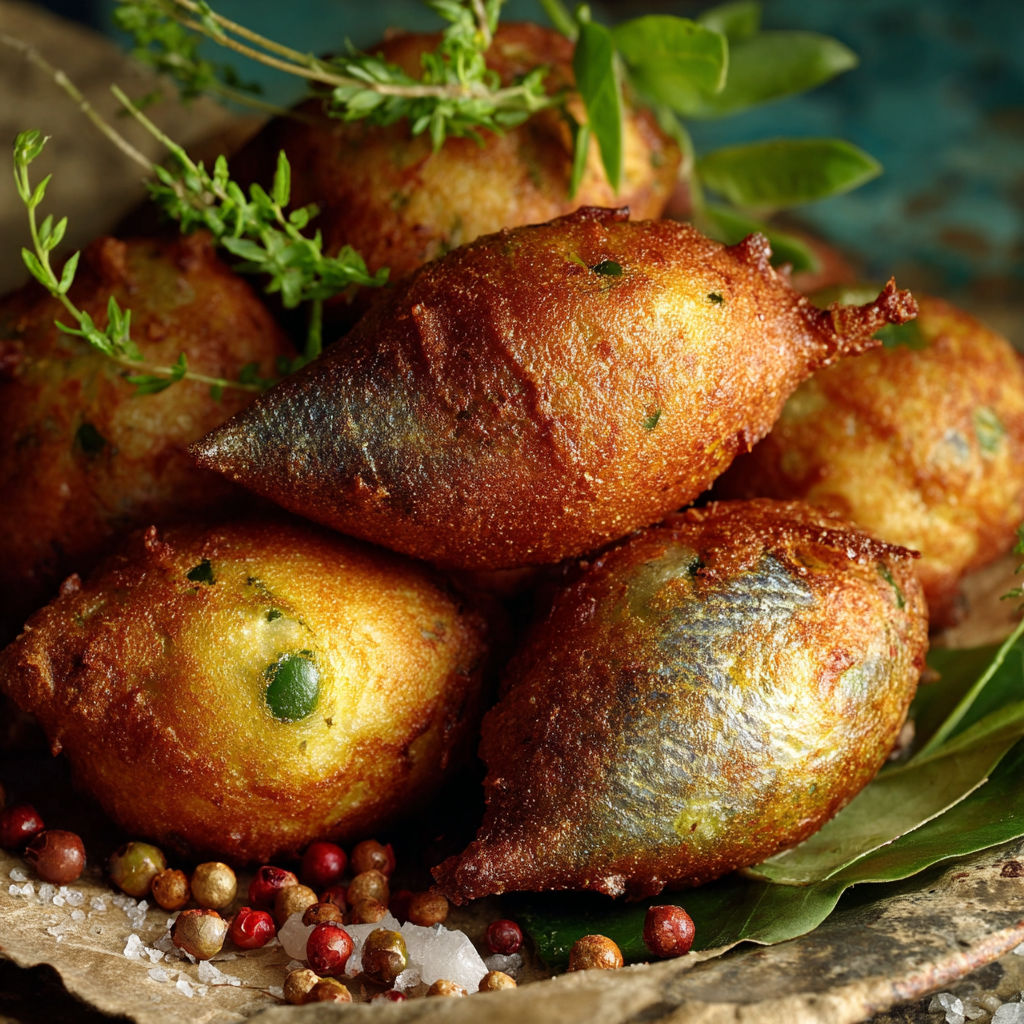 Une pile de gâteaux de poisson avec des herbes fraîches sur un plateau.