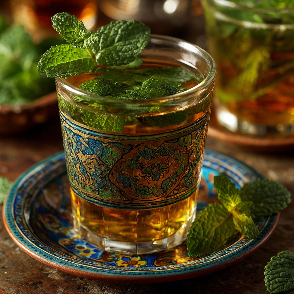Une tasse de thé vert avec des feuilles de menthe.