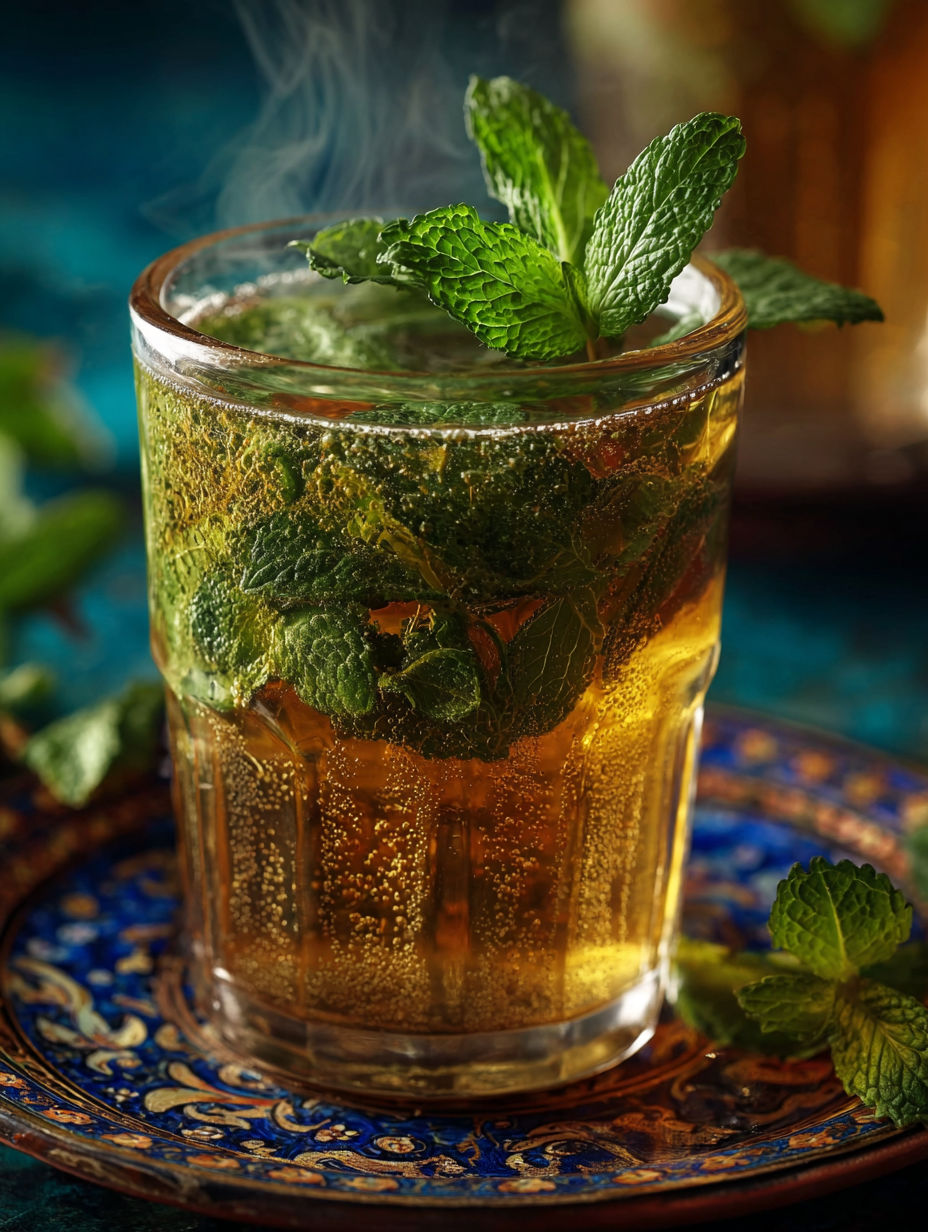 Une tasse de thé mélangé avec des feuilles de menthe et des herbes.