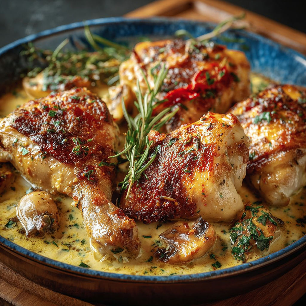 Plate of chicken with herbs and sauce, recipe name: blanquette poulet bleu Auvergne.