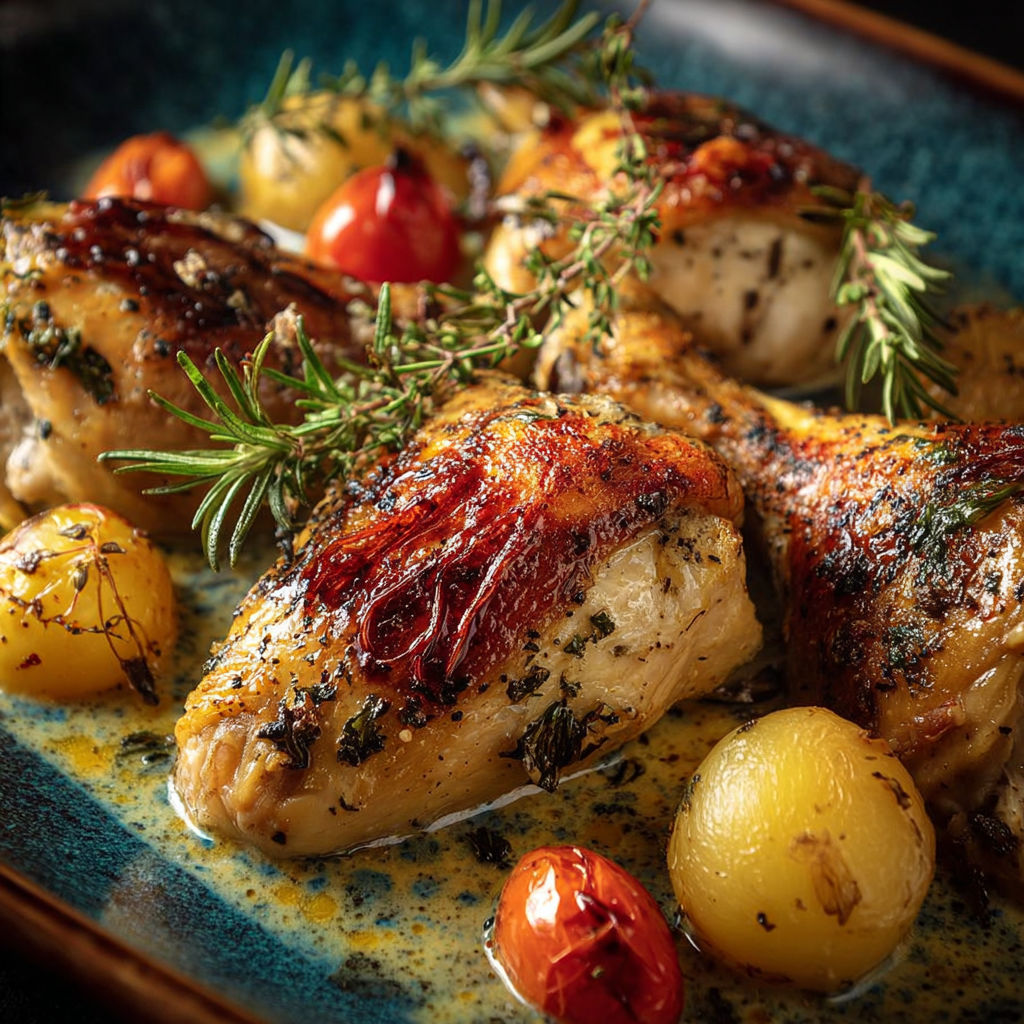 Une recette Auvergne, blanquette poulet bleu, est servie sur un plateau avec des tomates et des herbes.
