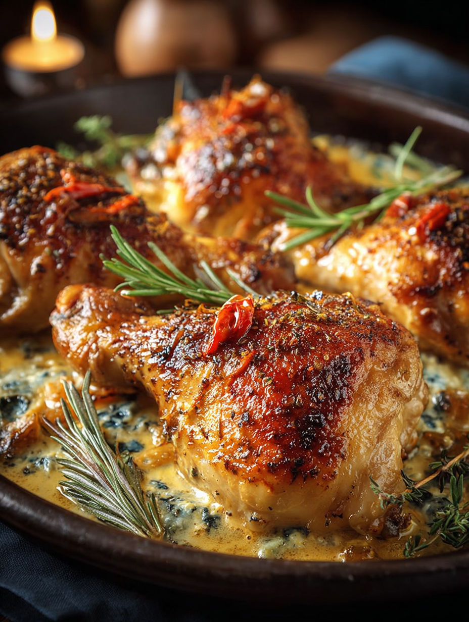 Chicken breasts cooked in a creamy sauce with herbs and spices, served in a dish.