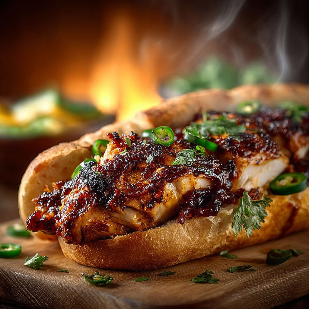 Une sandwich de poisson grillé avec des pépins de poivron et des épices, accompagnée d'une salade.