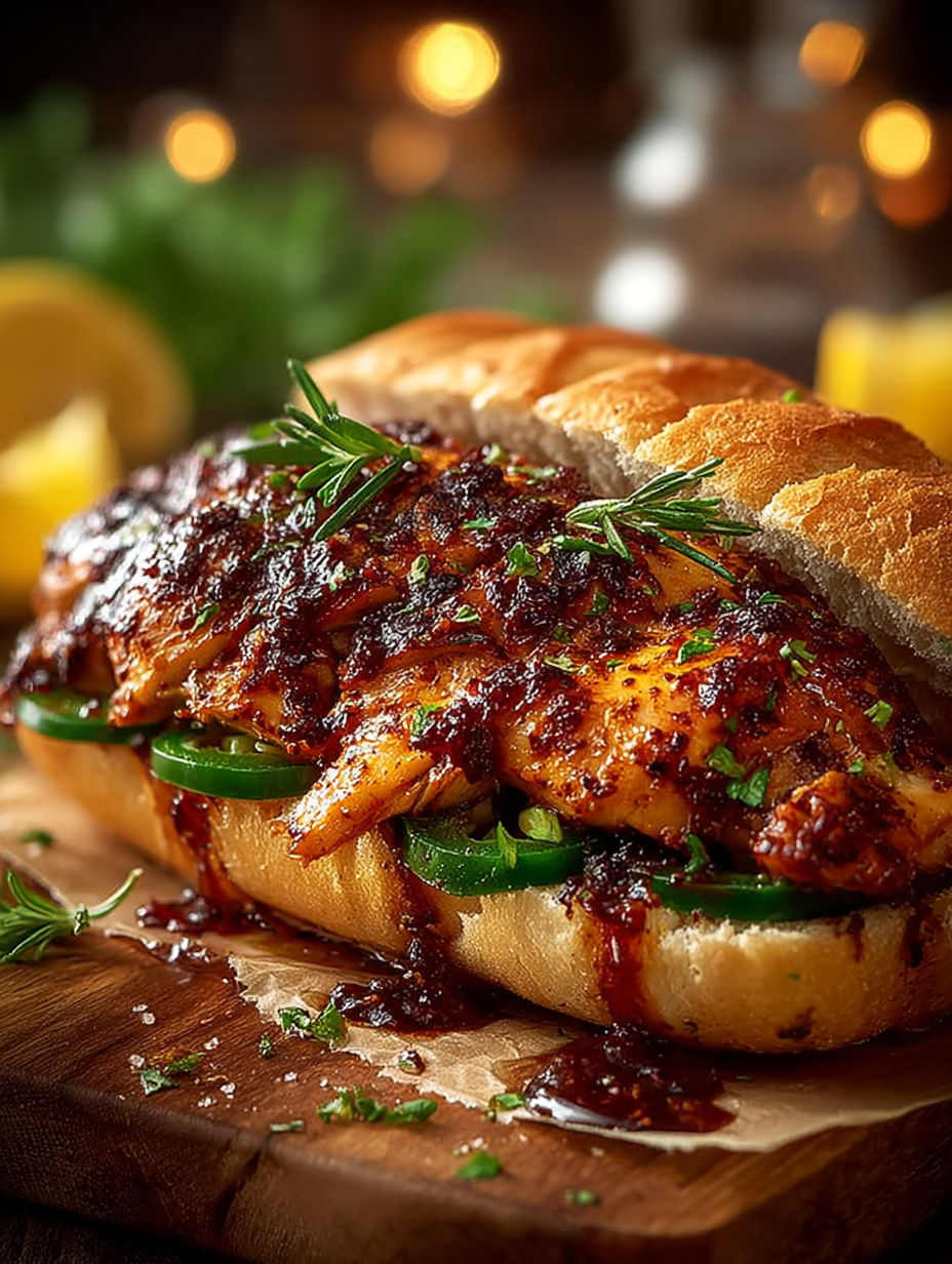 Un sandwich de poulet grillé avec des légumes verts et une sauce au citron.