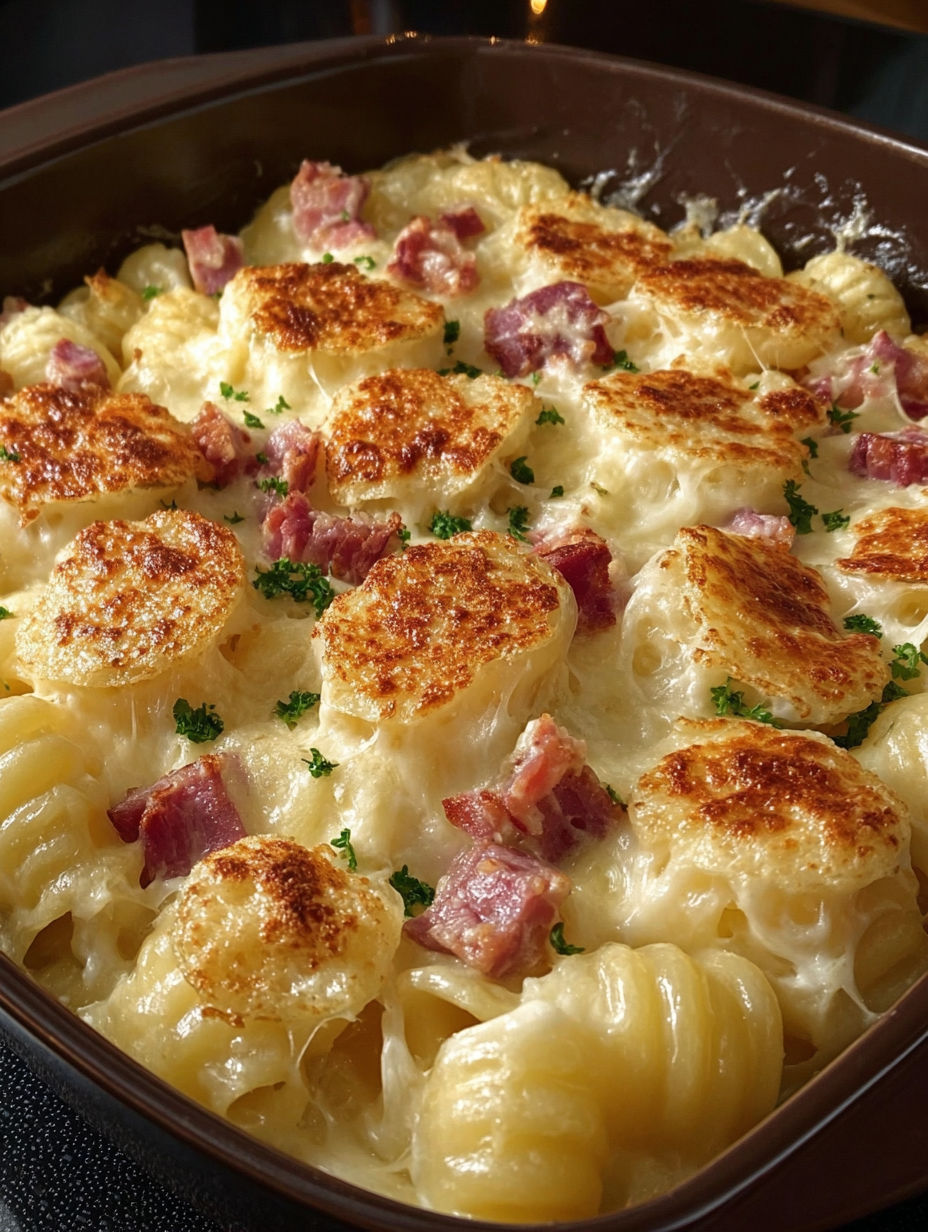 Une recette de macaroni et ham croustillés, avec des herbes vertes pour garnir.