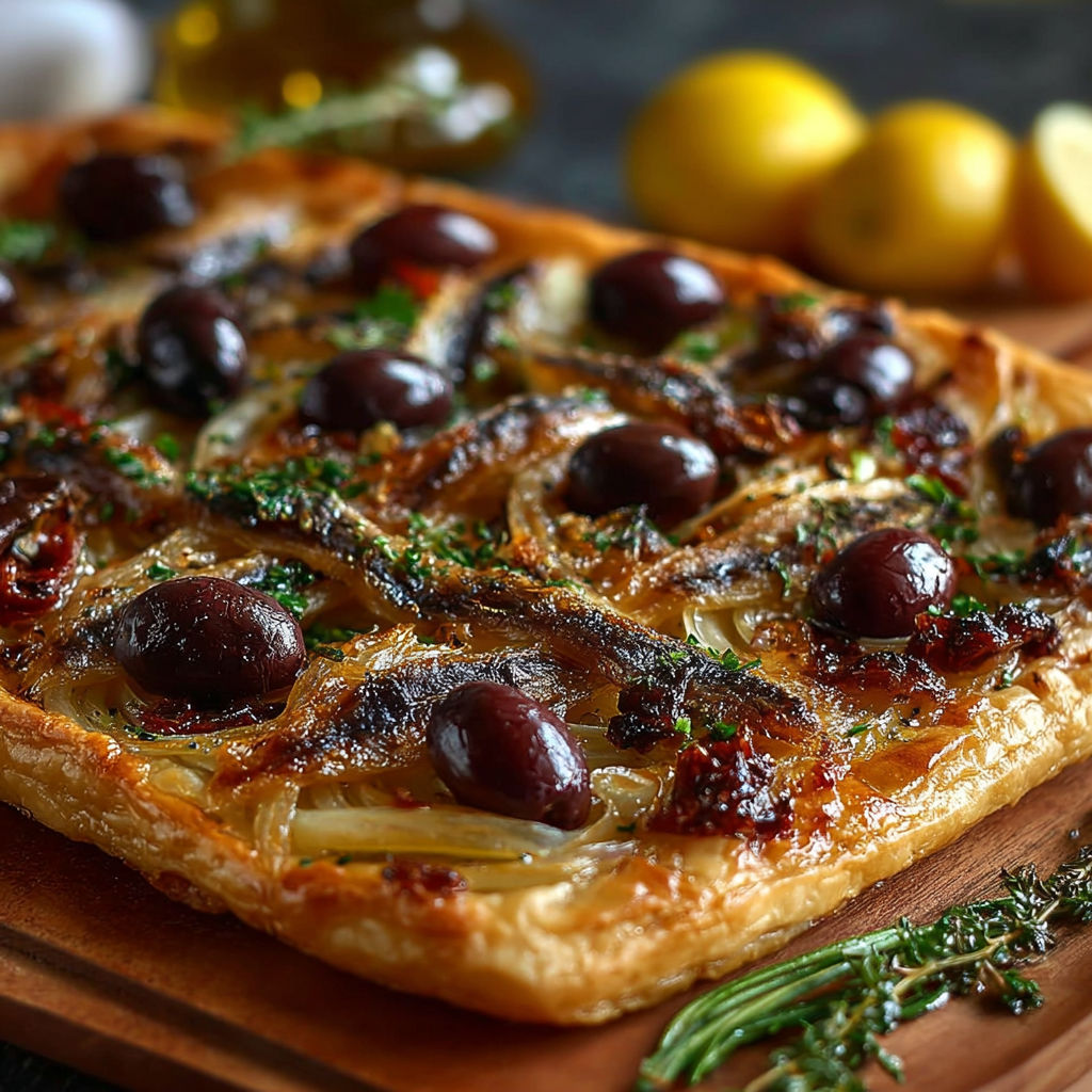 Une pissaladière Niçoise Traditionnelle est servie sur un plateau.