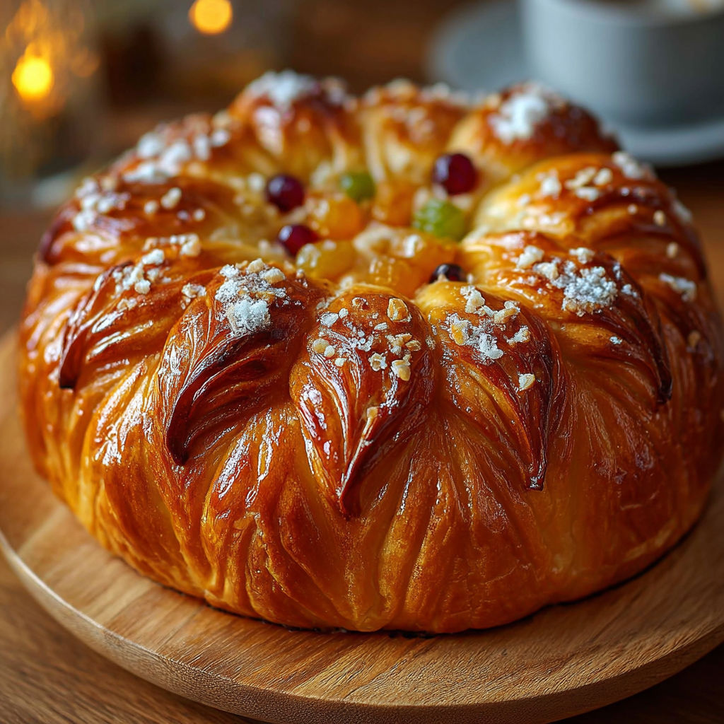Une brioche des Rois Provençale Fleur est servie sur une table avec une tasse de café.