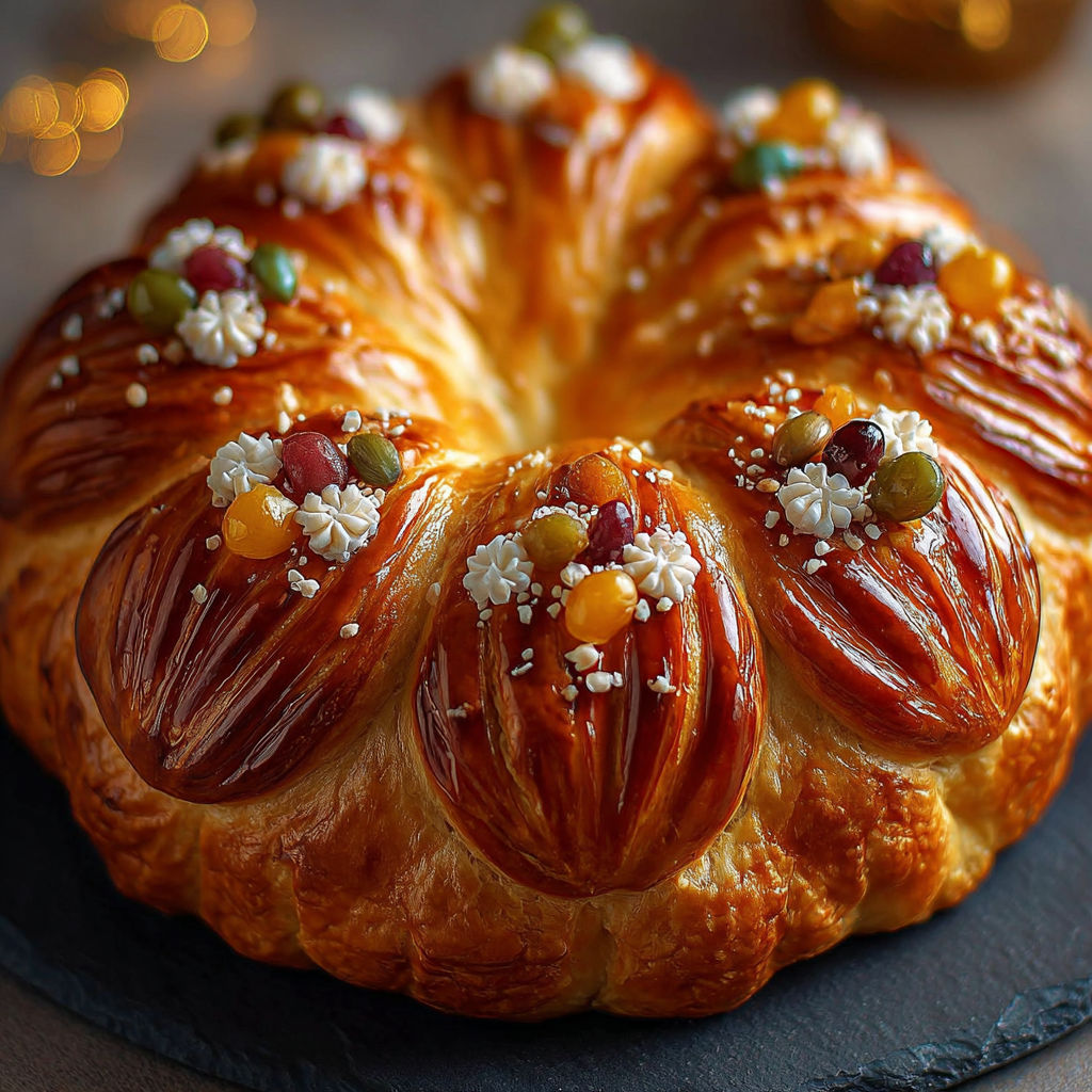 Une délicieuse brioche ornée de fruits et de graines, prête à être servie.
