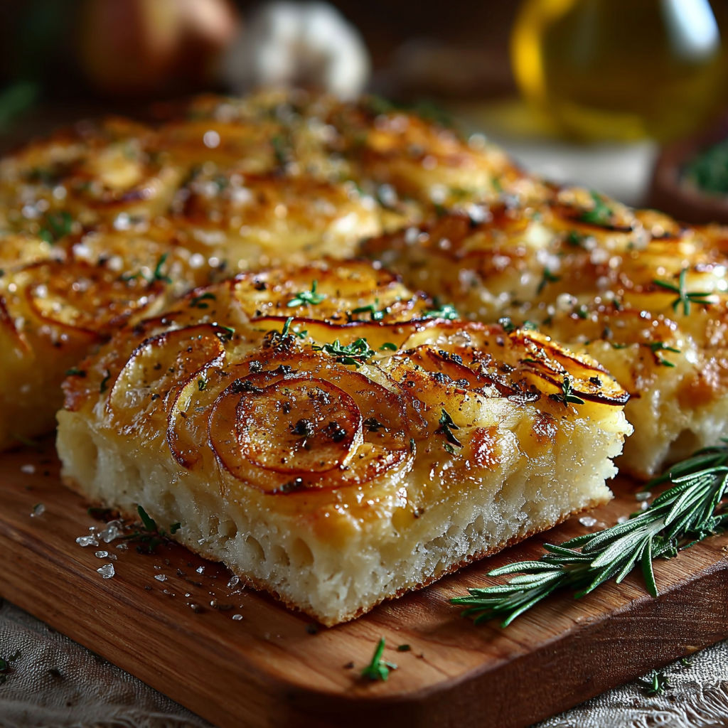 Une focaccia italienne pommes de terre est servie sur un plateau de bois avec des herbes fraîches.