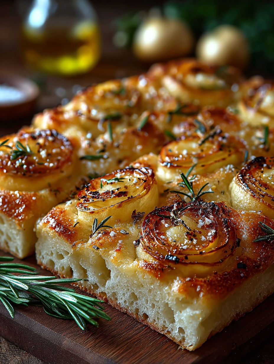 Une tarte aux pommes et aux herbes, servie sur un plateau de bois.