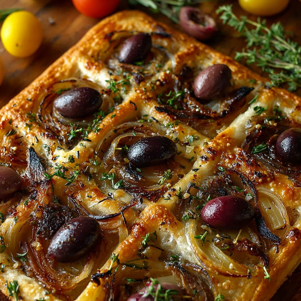 Une tarte aux olives et aux oignons, avec des herbes et des tomates, est servie sur une table.