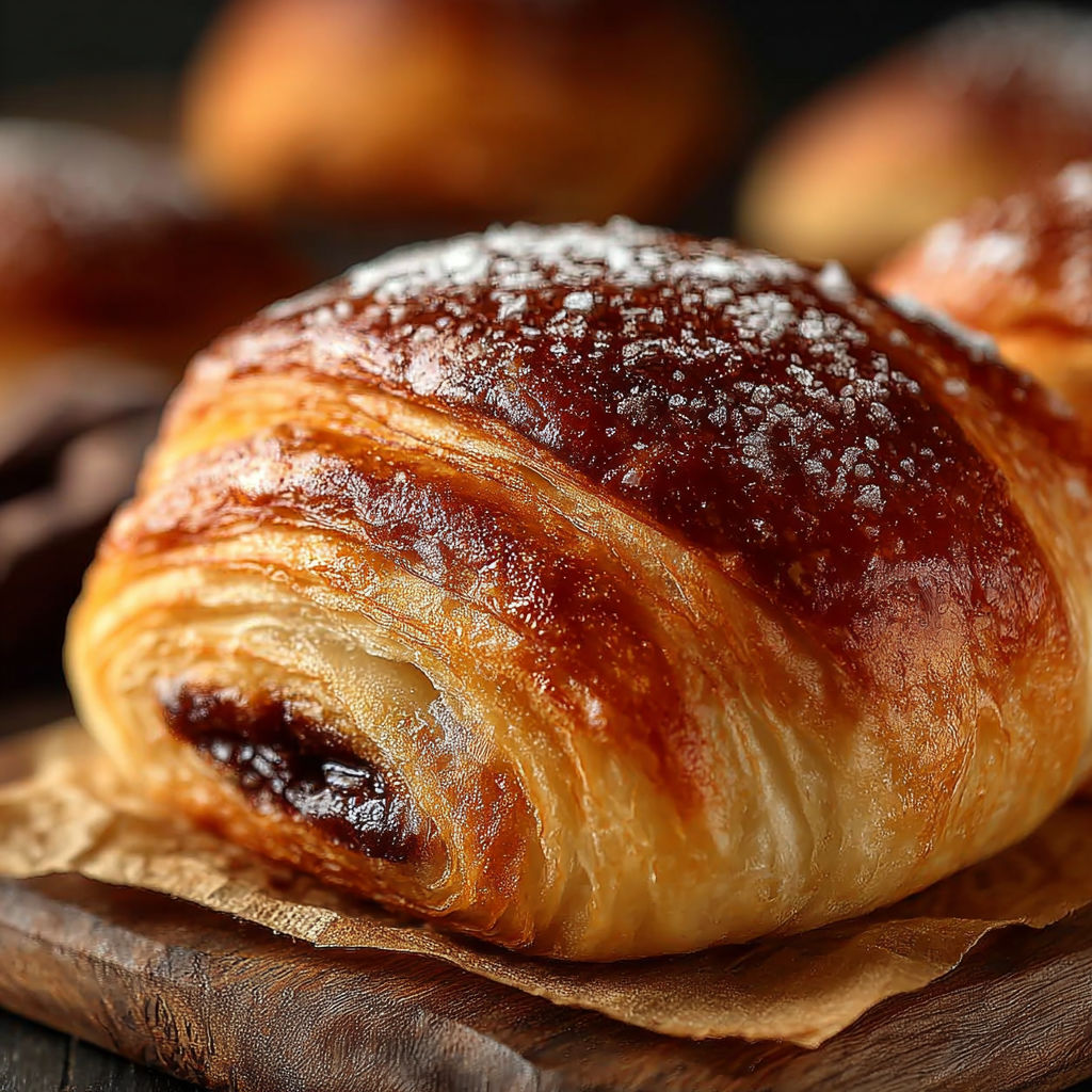 Une croissant au chocolat sur une planche de bois.