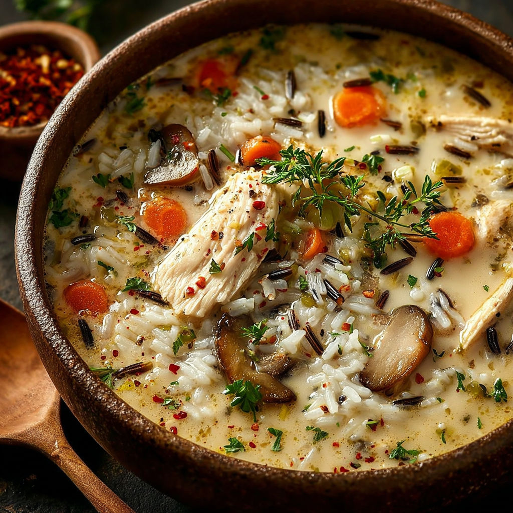 Un potage onctueux façon Panera est servie dans un bol en terre.