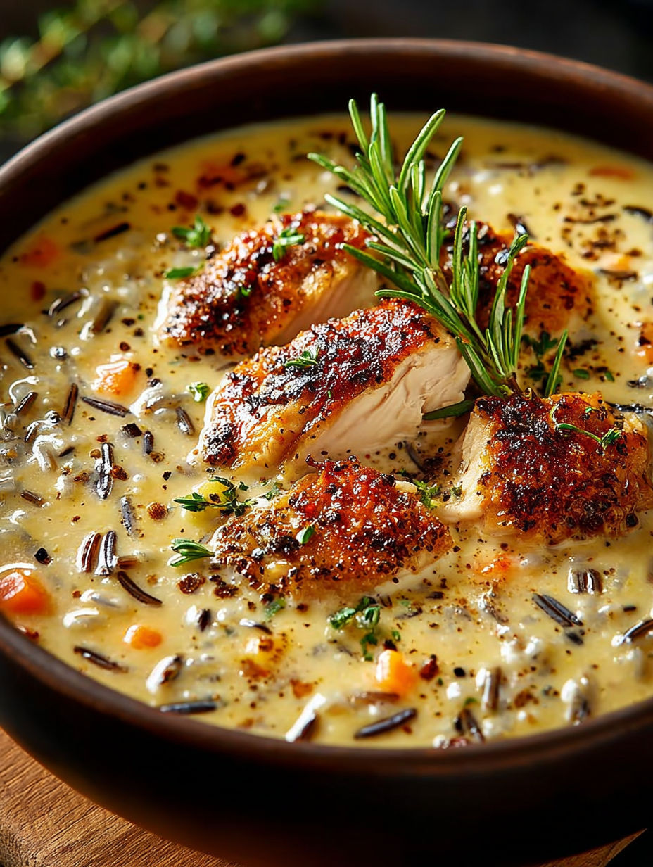 Une recette de soupe chaude avec des morceaux de poulet et des herbes fraîches.