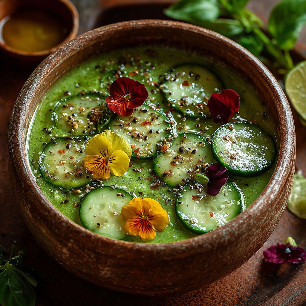 Une soupe verte avec des cucumbers et des fleurs.