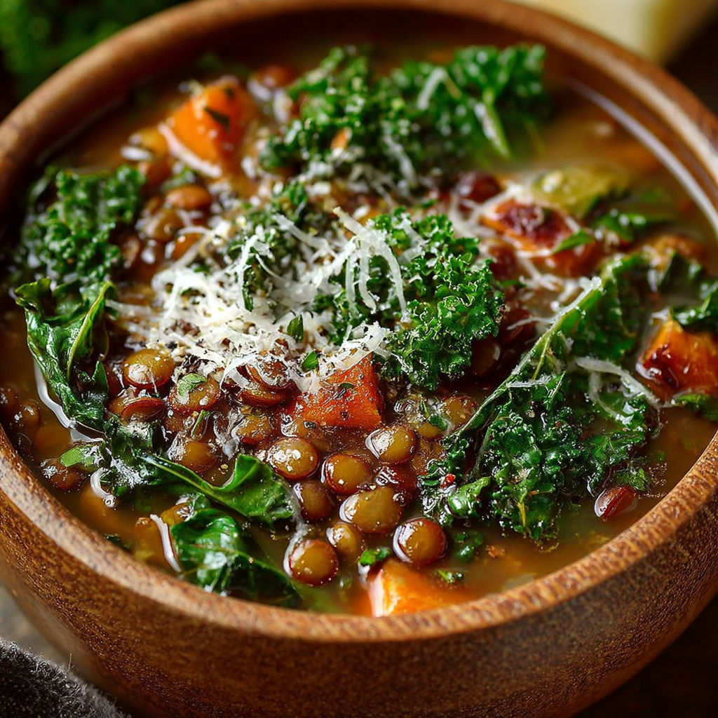 Une soupe lentilles et kale parmesan réconfortante dans un bol en bois.