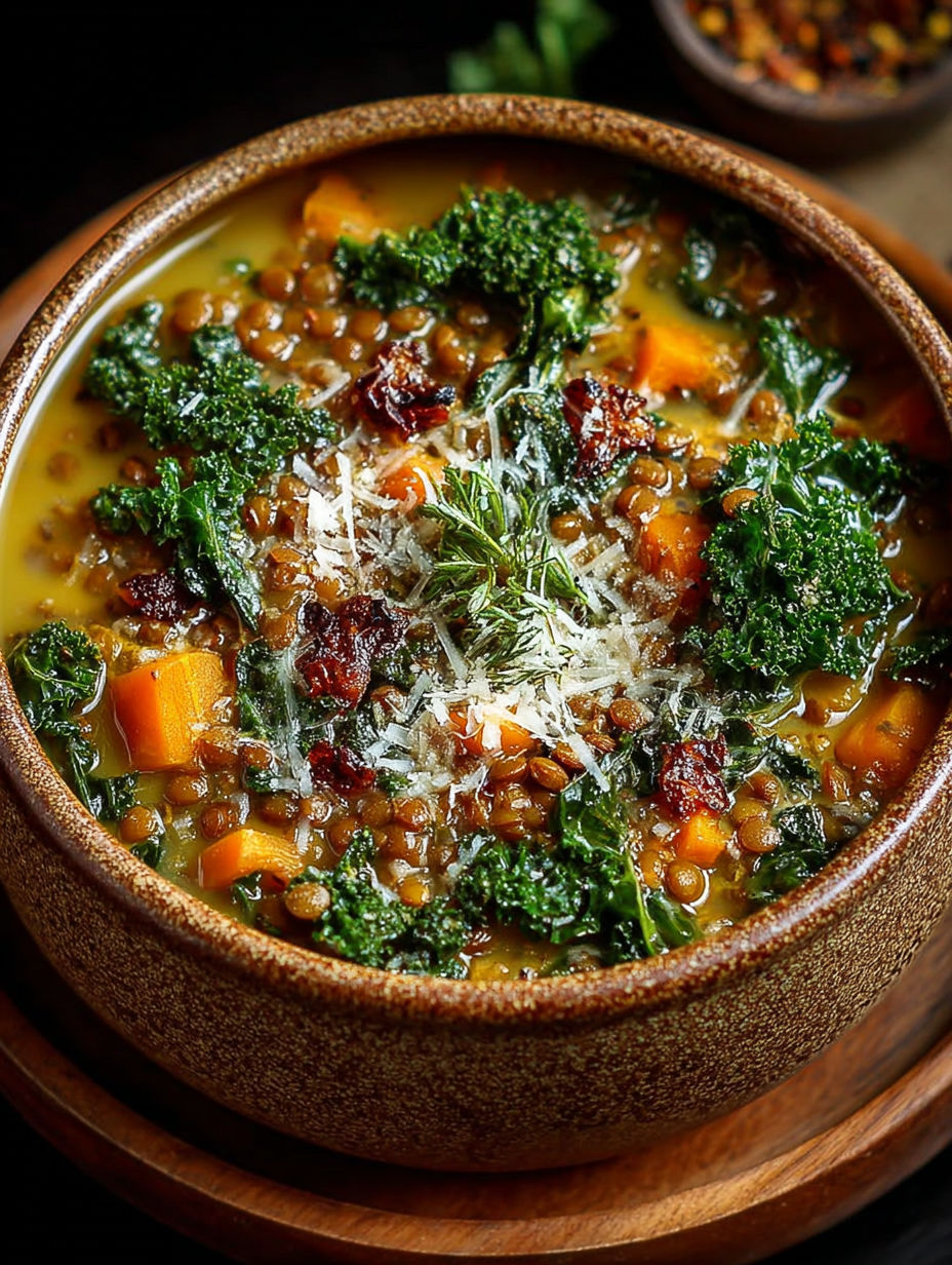 Une soupe de légumes et de pâtes, avec des légumes verts et des herbes, est servie dans un bol en céramique.