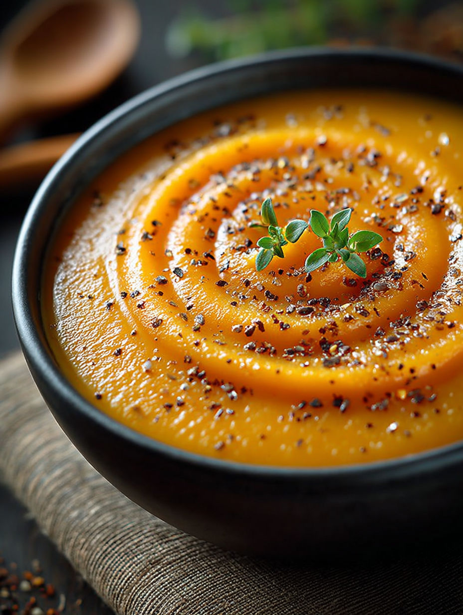 Une soupe chaude avec des épinards et des graines de cumin.