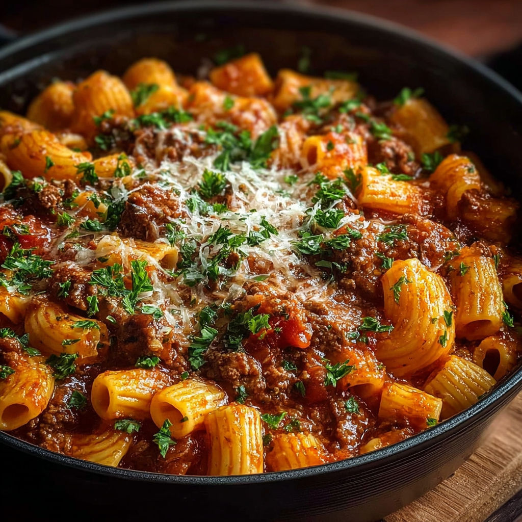 Une recette de Sauce au Rôti de Bœuf et Rigatoni est servie dans un bol en fonte.