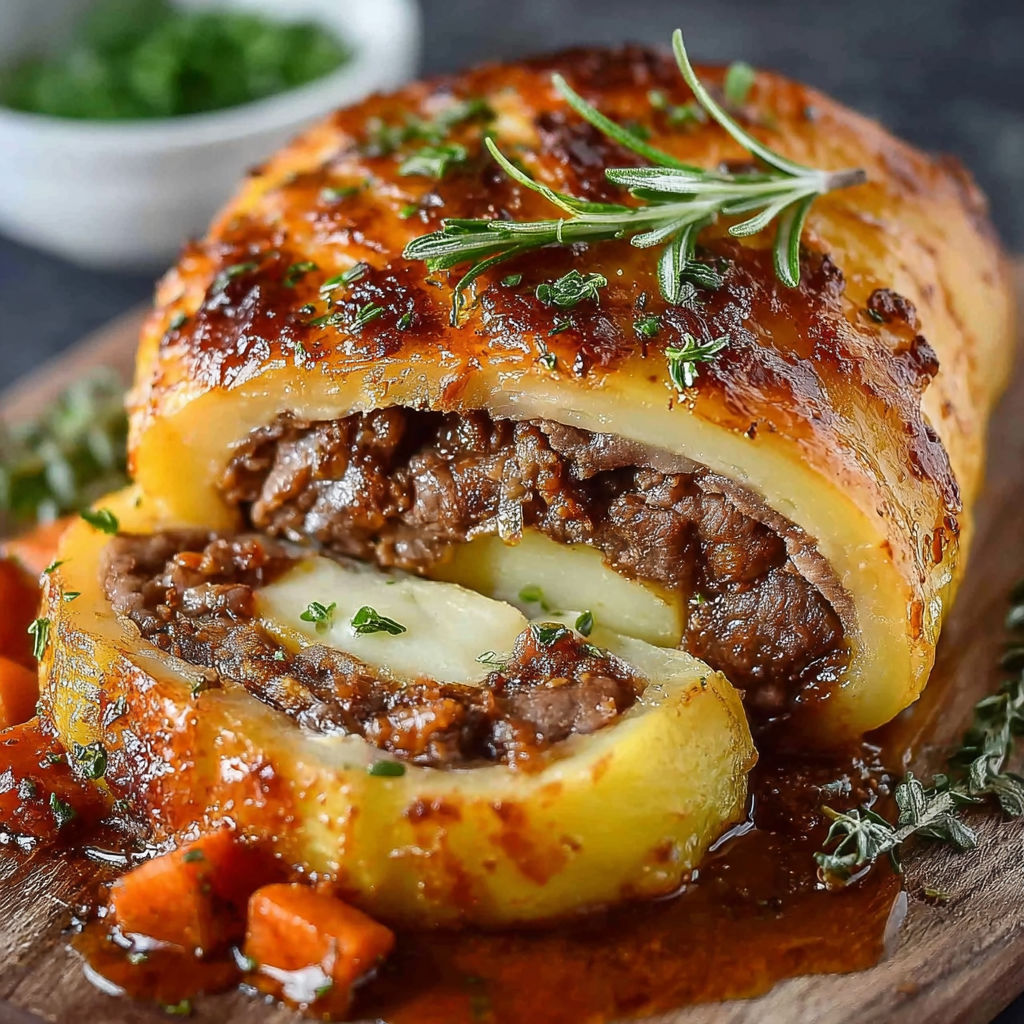 Un rouleau de bœuf aux pommes de terres est présenté sur un plateau.