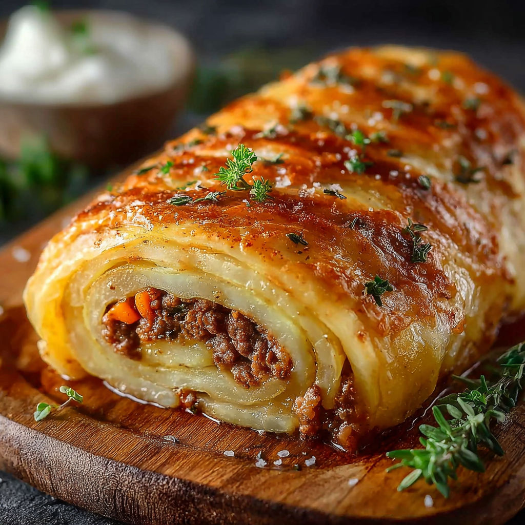 Un délicieux en-roulement de viande farci, accompagné d'une sauce au beurre, est présenté sur un plateau en bois.