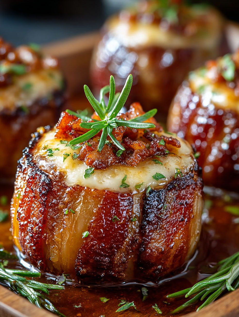 Bacon-wrapped appetizers with cheese and herbs, served in a bowl.