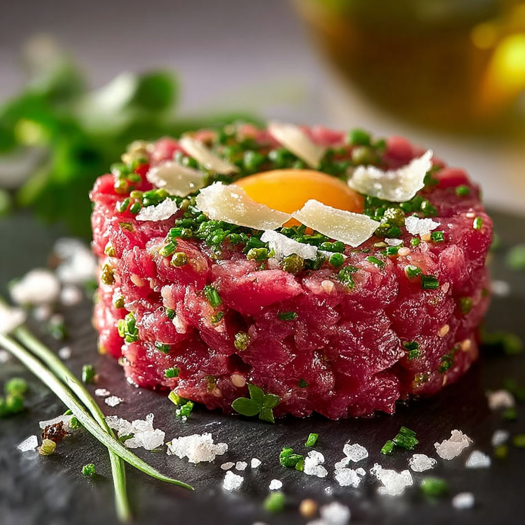 Une tartare de boeuf a l'italienne est servie sur une assiette noire avec des herbes et des oignons.