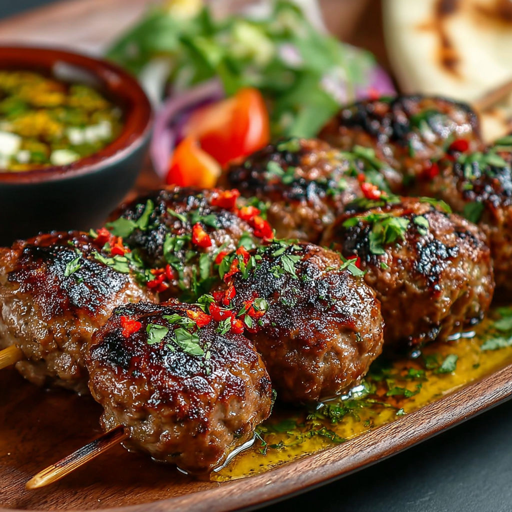 Skewers de viande grillée avec des légumes et une sauce au yaourt, accompagnés d'une salade verte.
