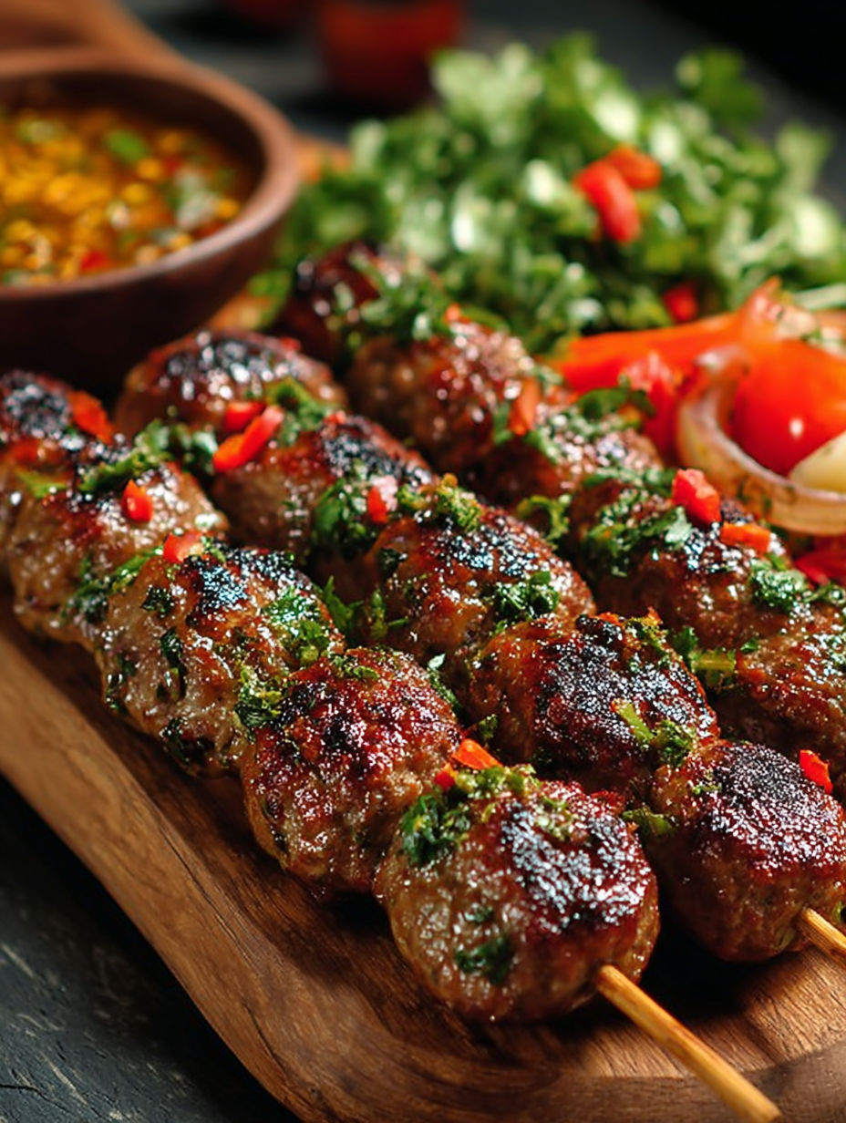 Une barbe de viande grillée avec des légumes verts et des légumes rouges.