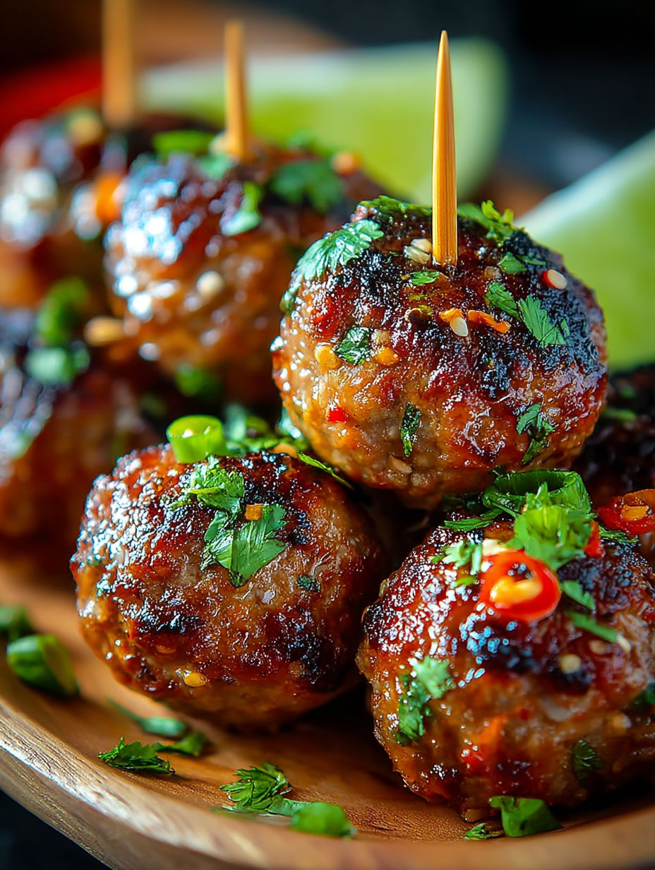 Soupe à l'ail et au poivre" - Une assiette de boulettes de viande grillées avec des herbes et des épices, accompagnées de légumes verts.