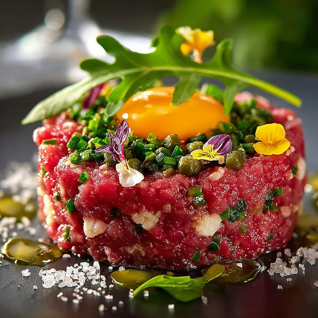 Une tartare de boeuf a l'italienne est servie sur une assiette en verre, accompagnee d'une poignée de herbes et d'une poire.