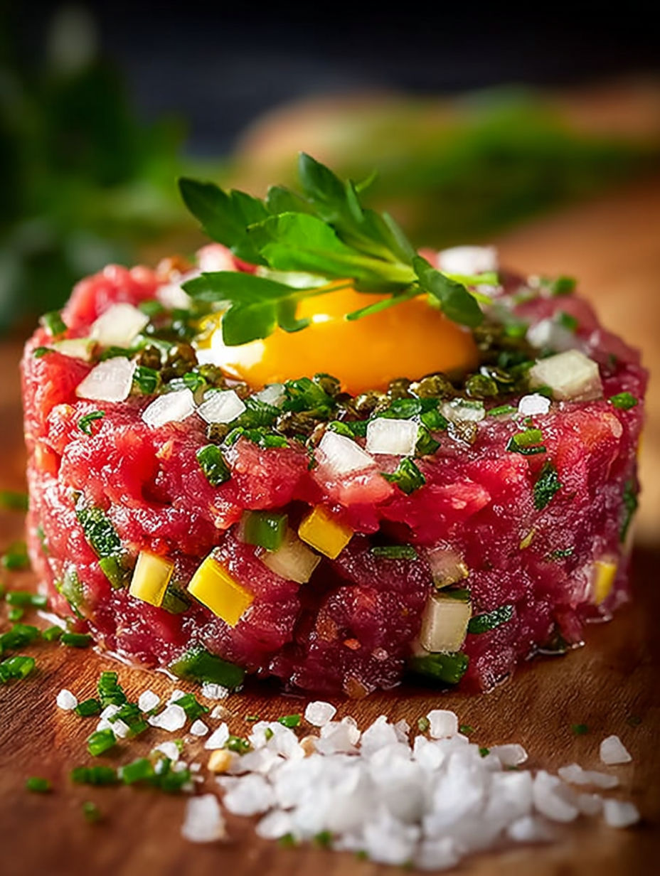 Une tartare de bœuf à l'italienne est servie sur un plat de bois avec des herbes fraîches et une poignée de sel.