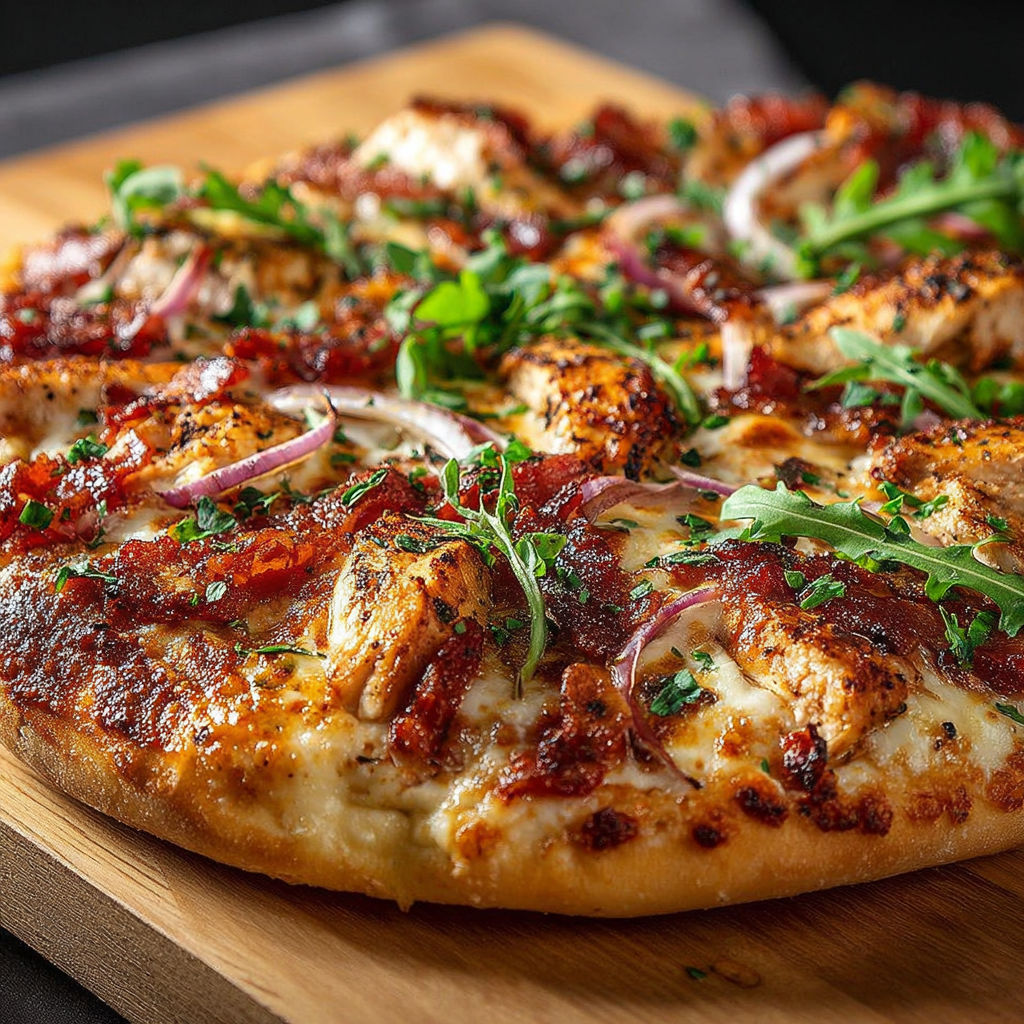 Une pizza maison avec des légumes et des viandes, servie sur un plateau de bois.