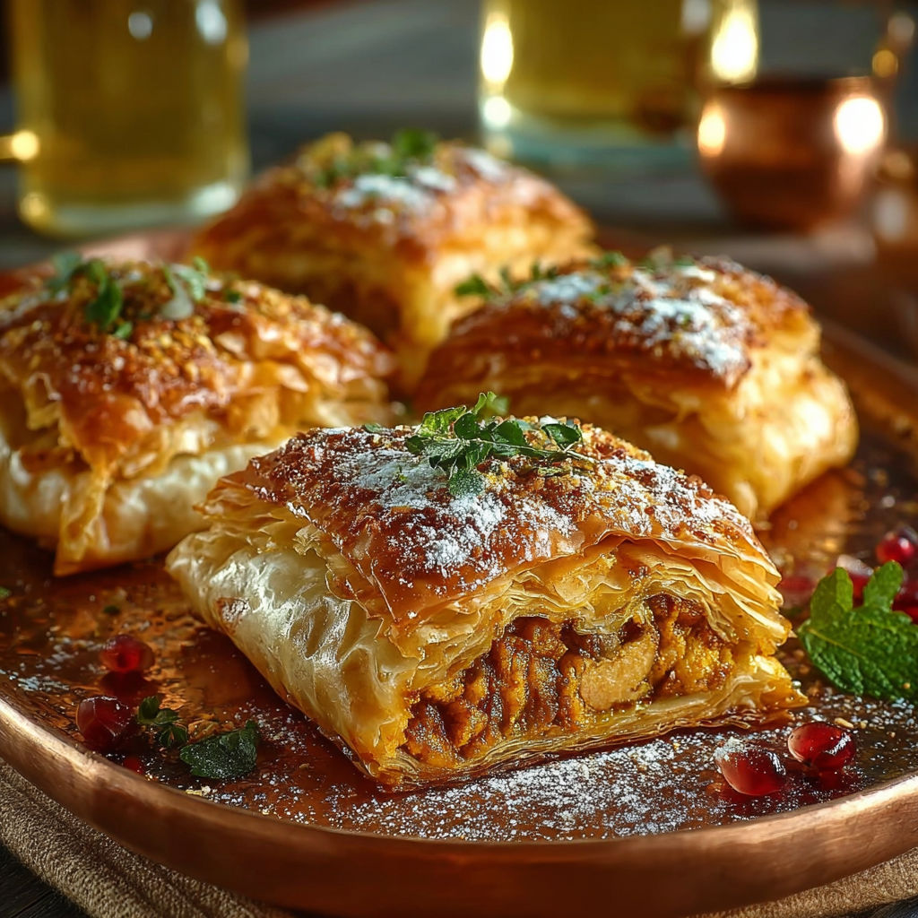 Mini Pastilla Poulet Marocaine, une recette savoureuse et délicieuse, est servie sur un plateau en argent.