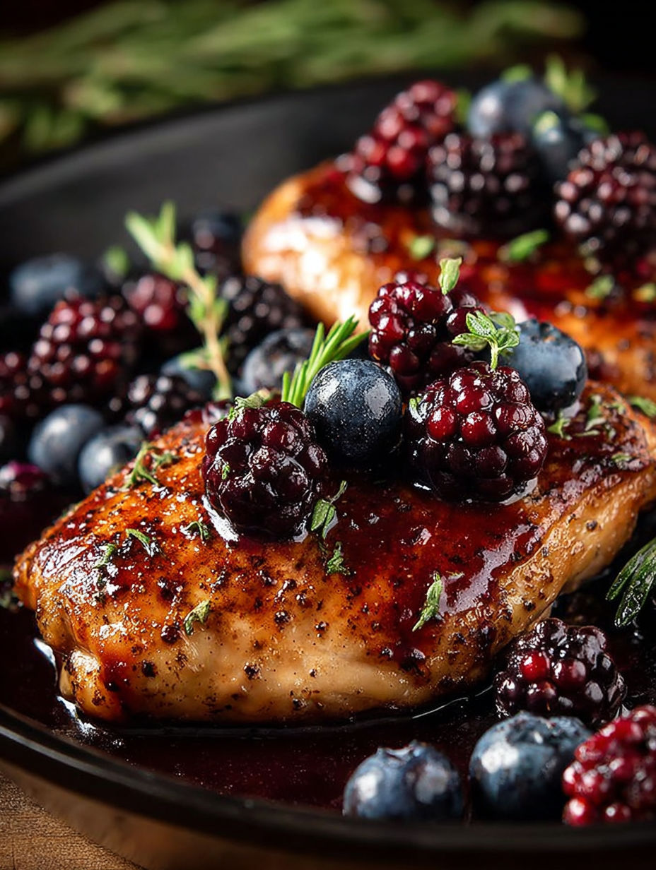 Chicken with blueberries and blackberries, cooked with a sauce.