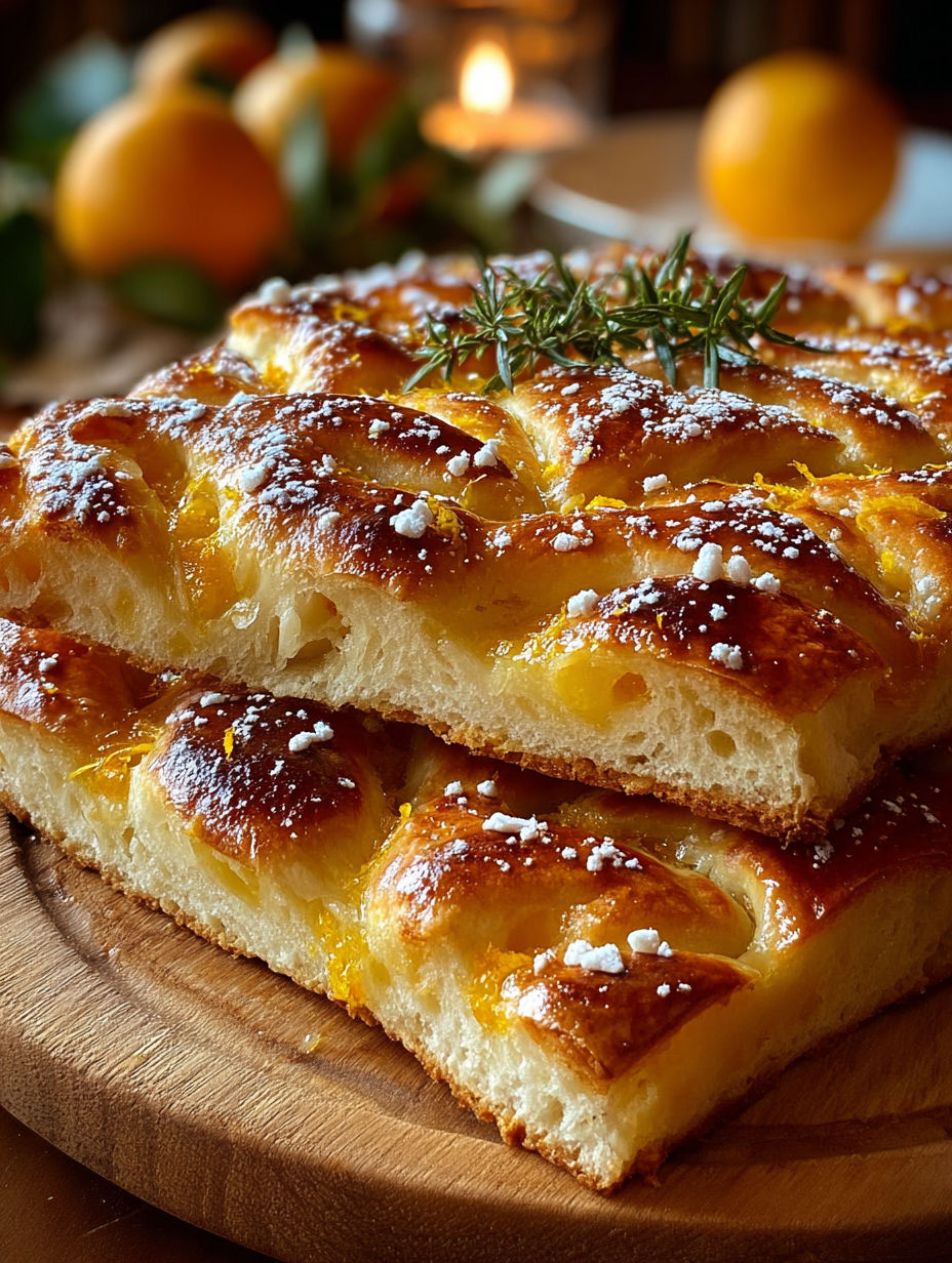 Une tarte aux oranges et aux herbes, garnie de poudre de sucre, est servie sur une table.
