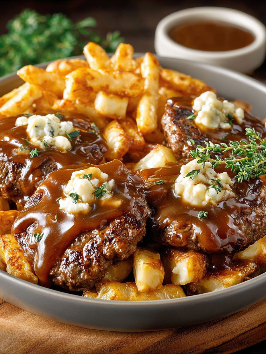 Une recette de steak avec des frites et des herbes.