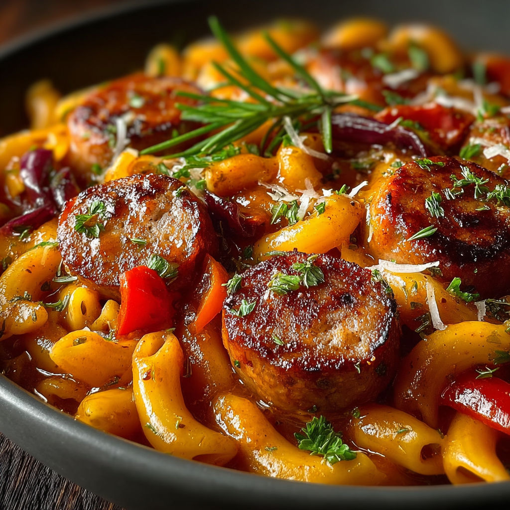 Une recette de Pâtes Saucisse BBQ Chili Doux est servie dans un bol.