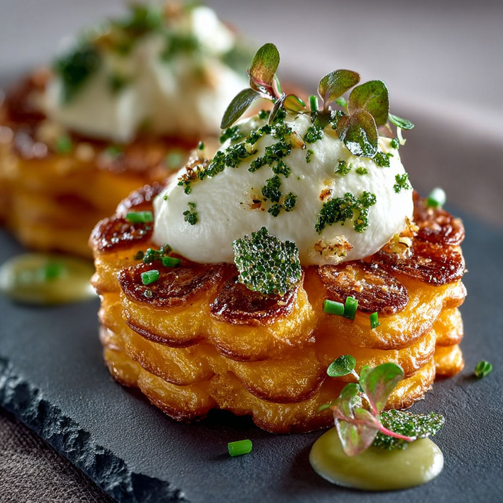 Une tarte aux pommes garnie de fromage et herbes, accompagnée d'une salade verte.