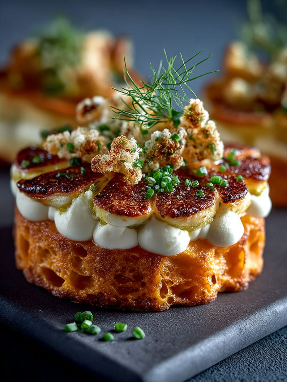 Une tarte aux pommes et bananes, garnie de herbes et de crudites, est servie sur un plateau noir.