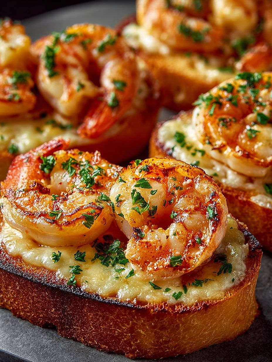 Une tranche de pain grillé avec des fruits de mer grillés et des herbes fraîches.