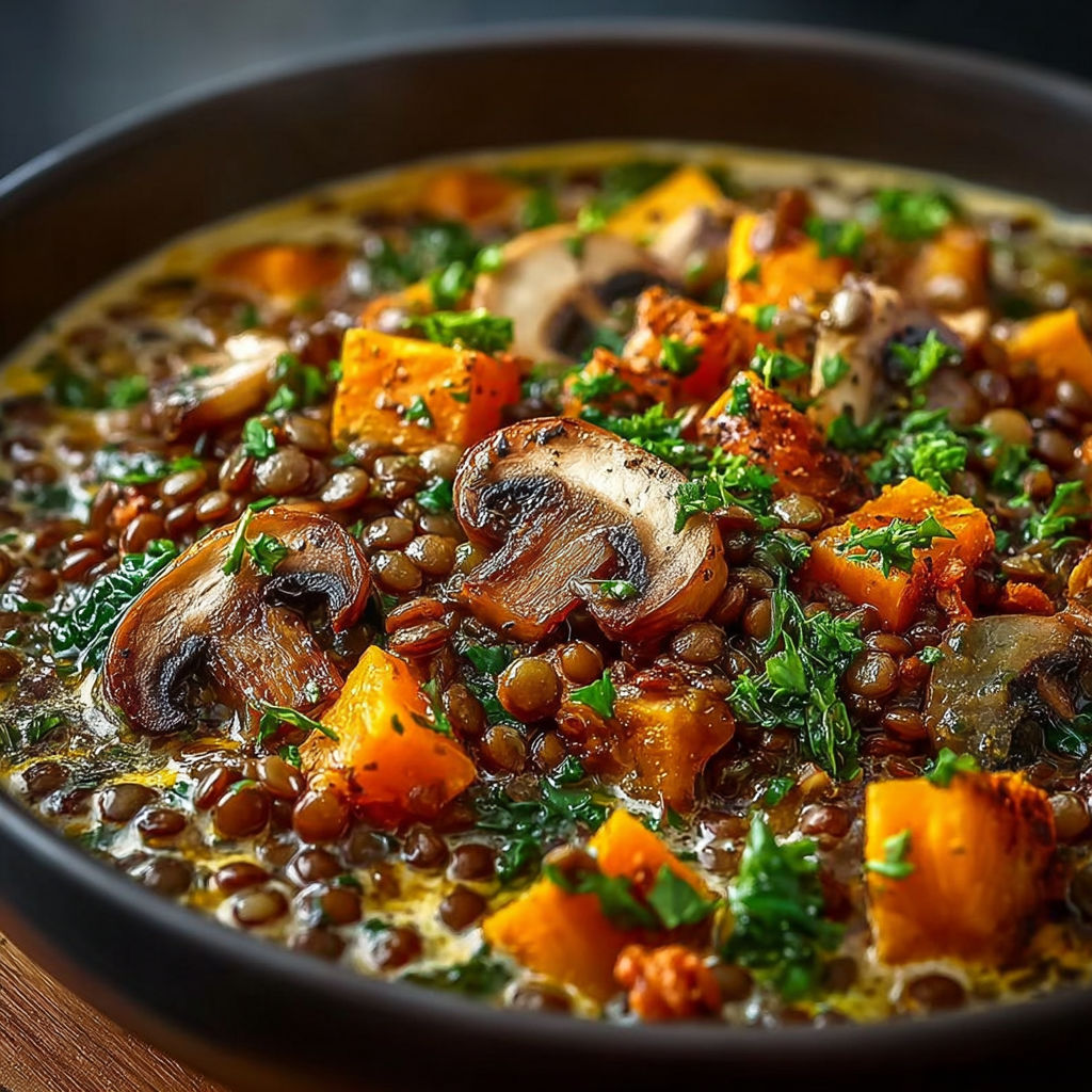Un plat de ragoût forestier lentilles potiron avec des légumes et des champignons.