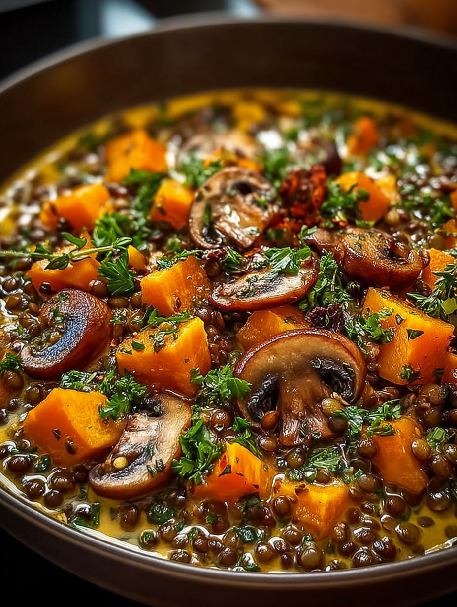 Une recette de soupe de légumes et champignons, avec des carottes et des épinards, est servie dans un bol.